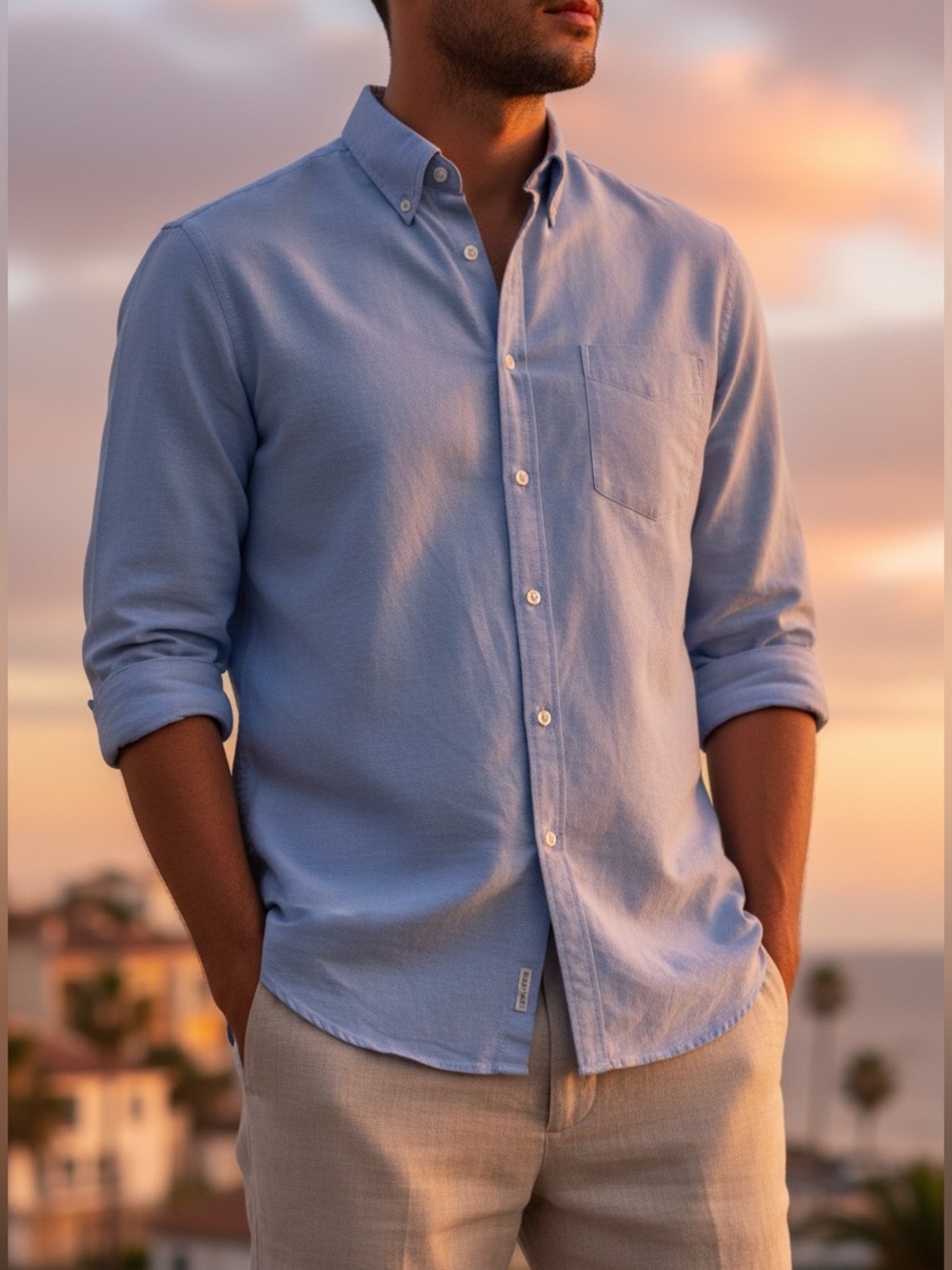 Black & Brown Men’s Linen Shirt | Button- Down |Chest Pocket | Blue | Large